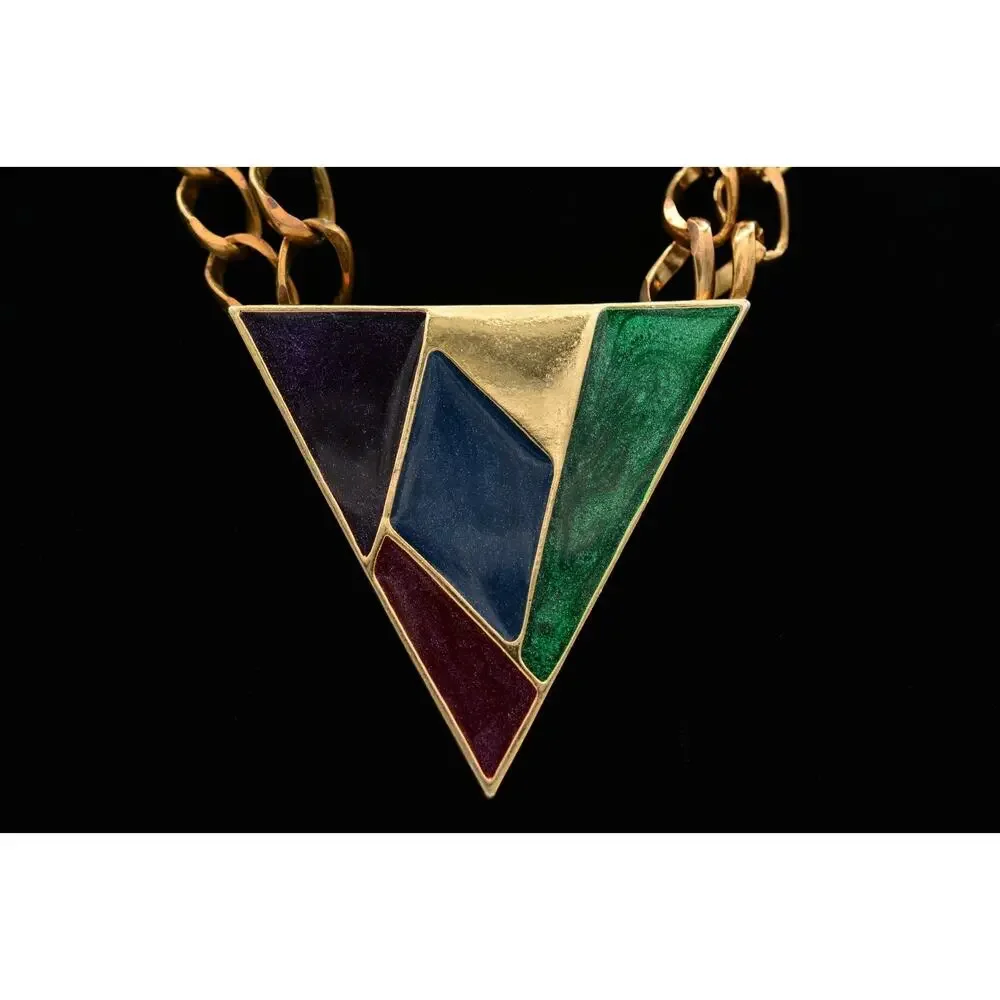 Vintage Multicolor Enamel Geometric Triangle Statement Necklace Gold Beaded BinY